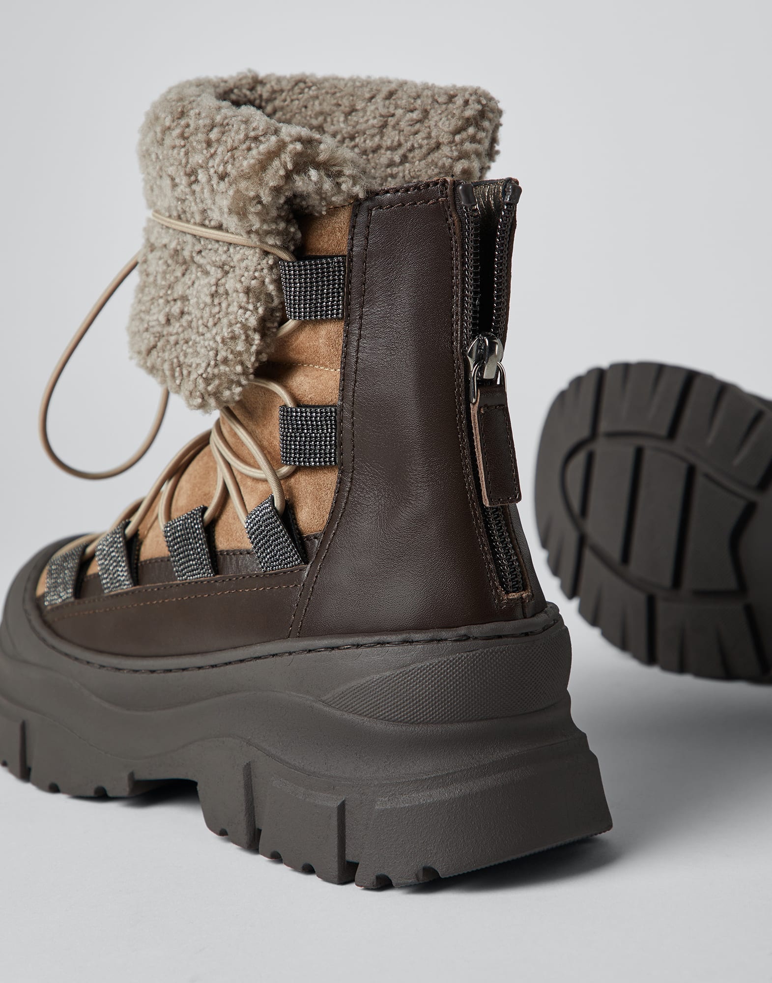 Suede, calfskin and curly shearling boots with monili - 3