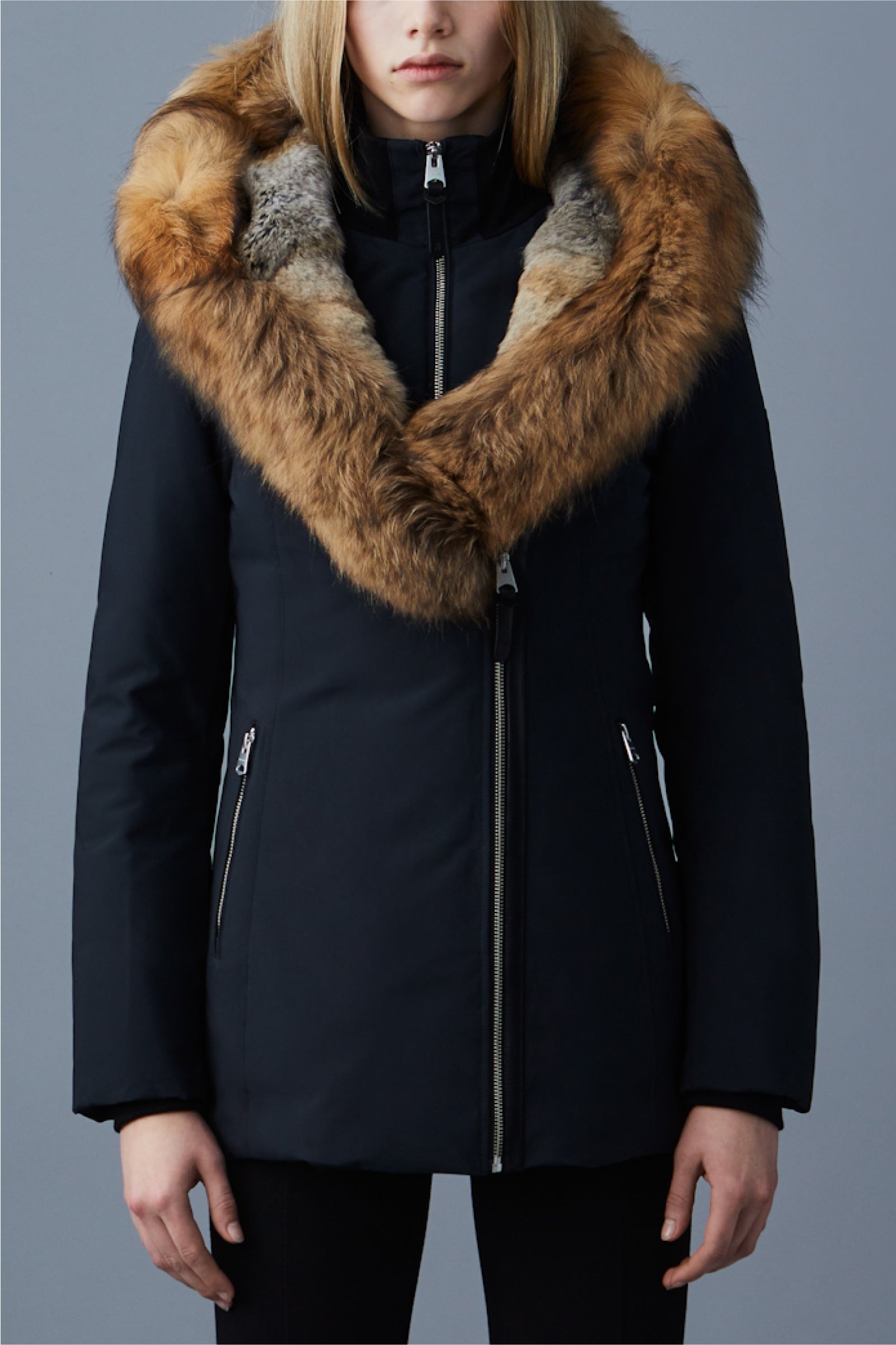 Adali fitted winter down coat sale with hood and fur trim