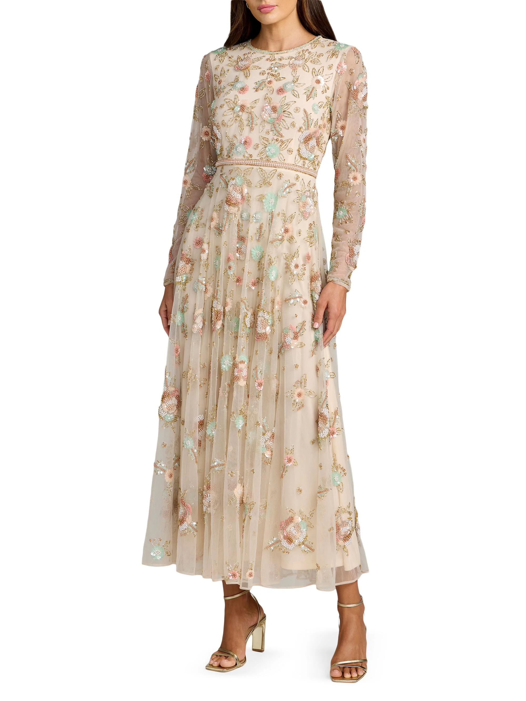 Women's Floral Beaded Mesh Midi-Dress - Beige Multi - 1