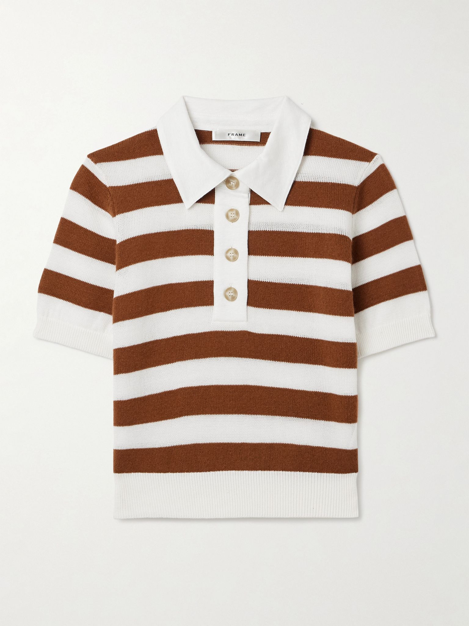 Striped cashmere and cotton-blend polo shirt Brown - 1