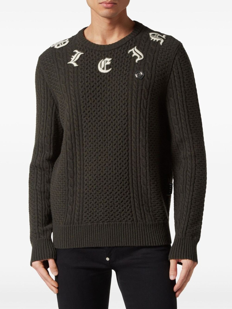 PHILIPP PLEIN logo-appliquÃ© cable-knit jumper outlook