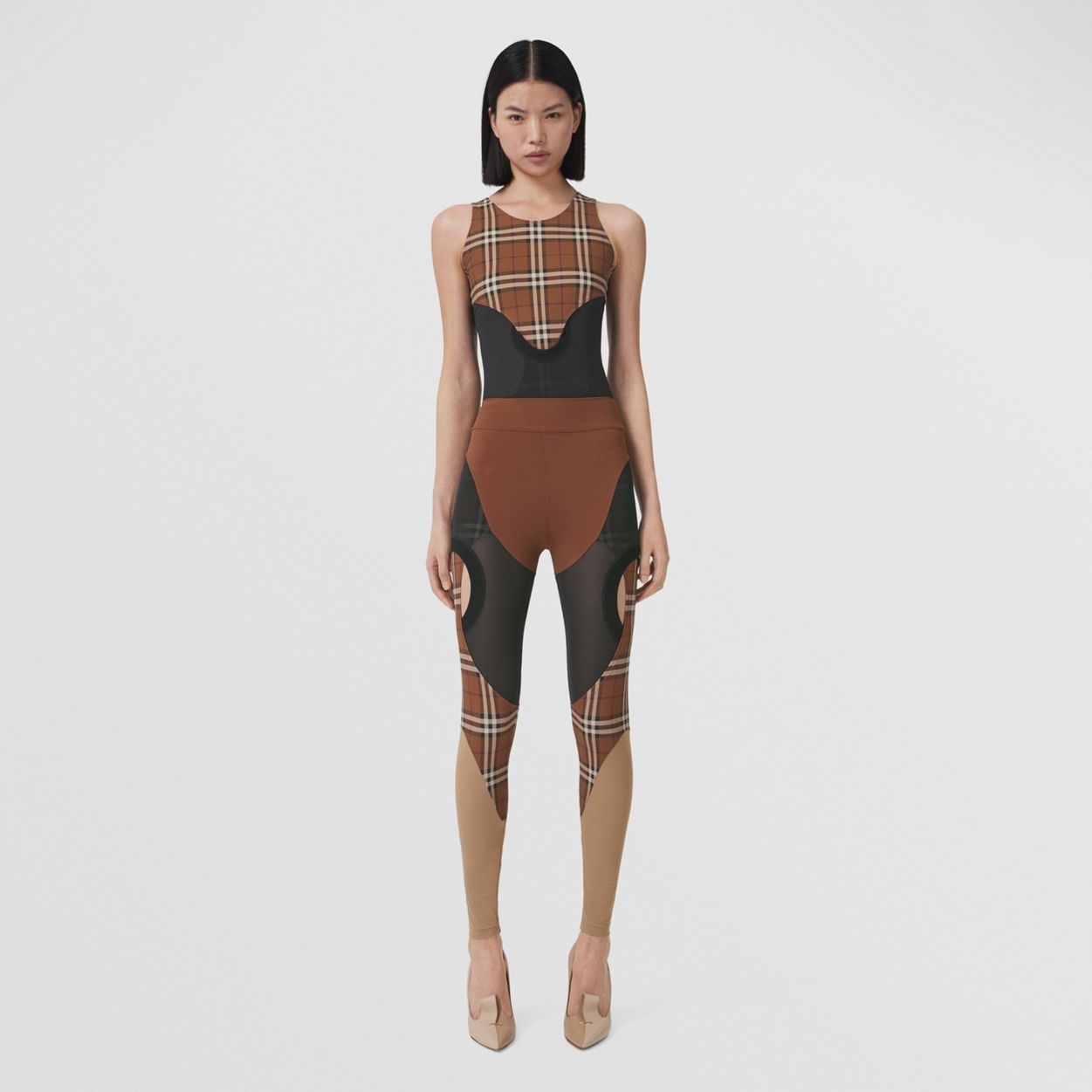 Check Stretch Jersey and Mesh Bodysuit - 2