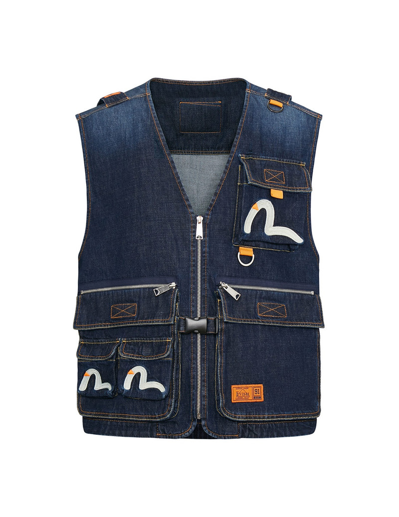 SEAGULL EMBROIDERED MULTI-POCKET DENIM VEST 8