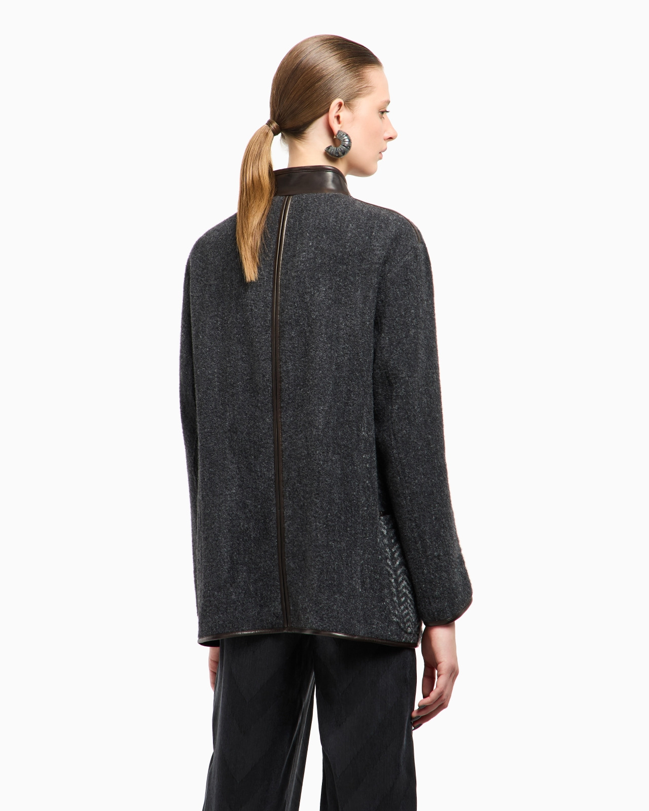 CHEVRON BOUCLÉ WOOL AND LEATHER PEA COAT - 3