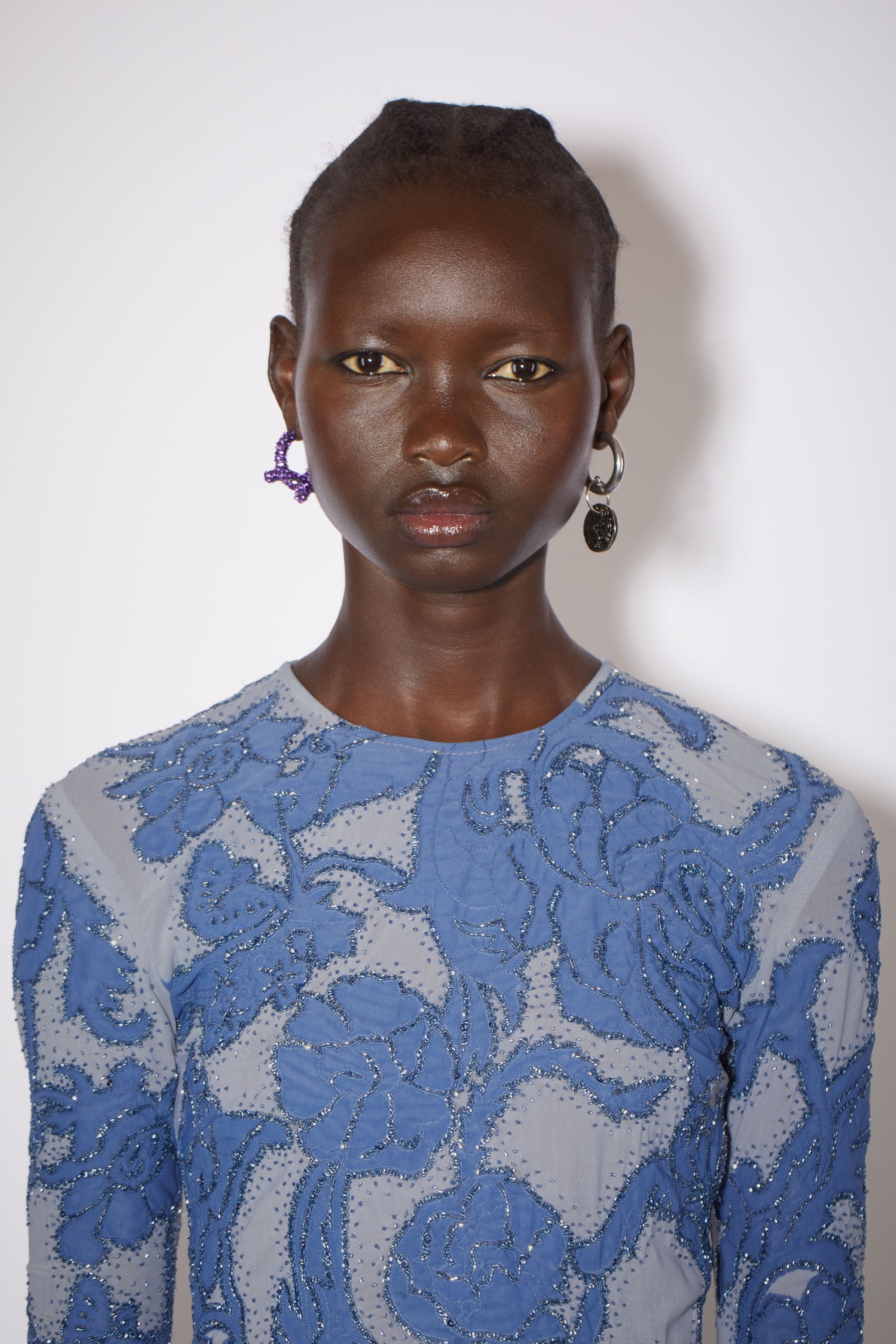 Embroidered mesh dress - Blue - 7