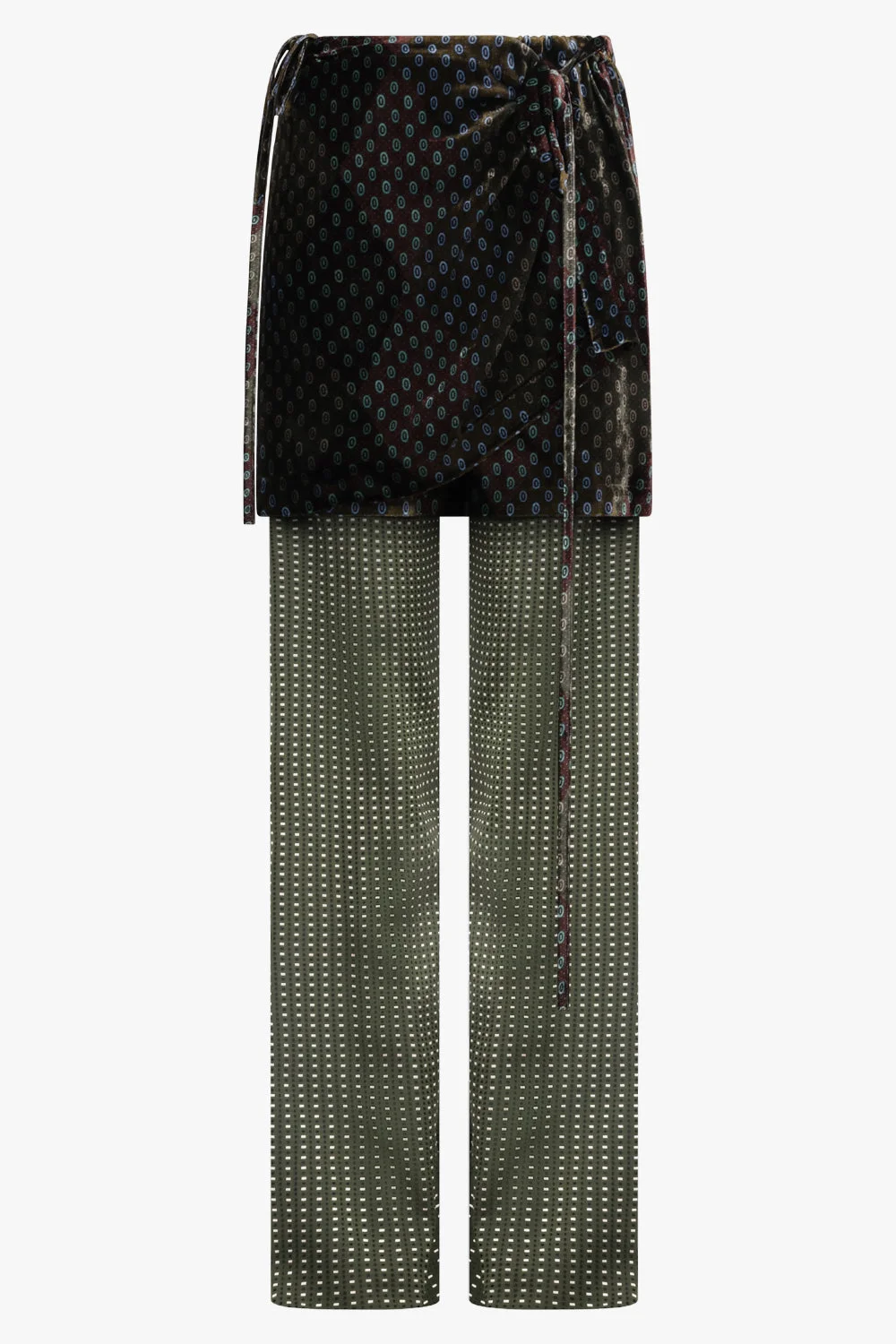 PRITTY SQUARE PRINT PANT WITH TIE MINI SKIRT | KHAKI - 1