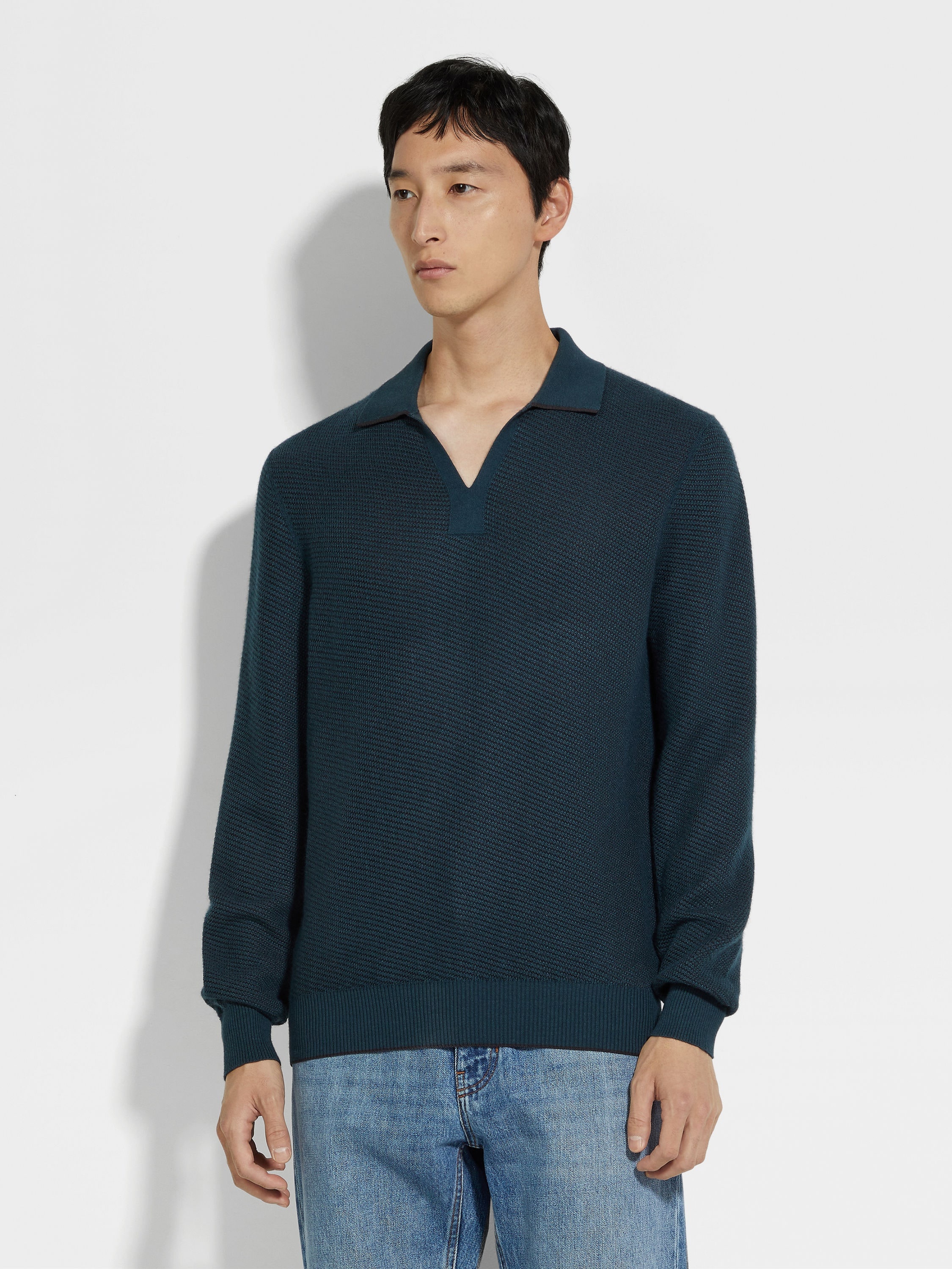 DARK TEAL BLUE SILK AND CASHMERE POLO SHIRT - 4