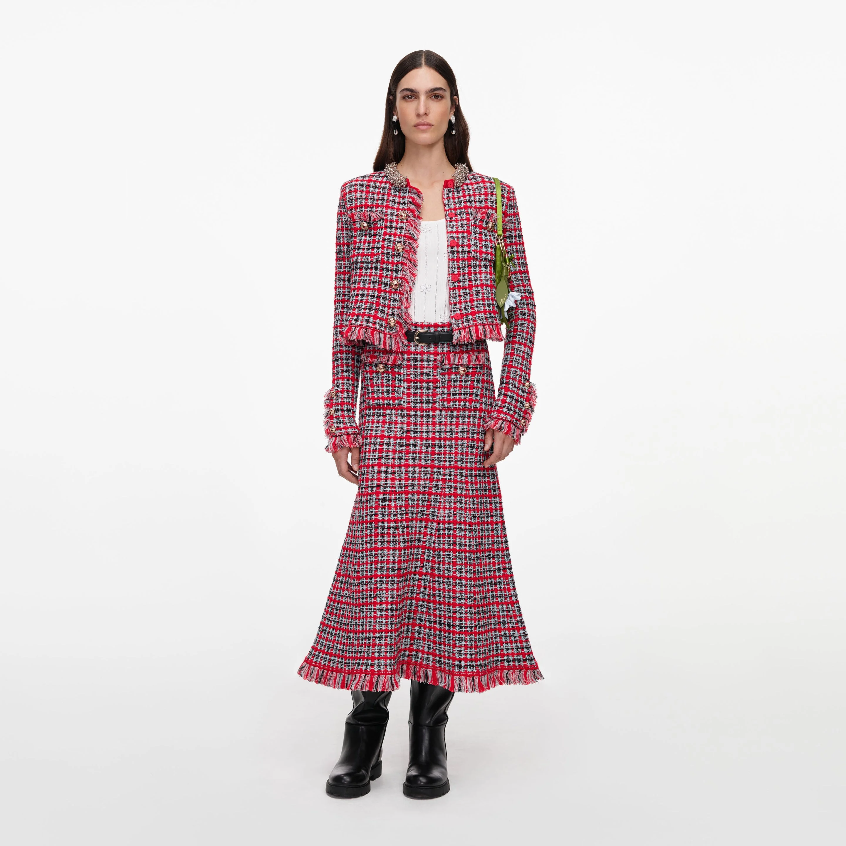 Red Check Frayed Knit Midi Skirt - 1