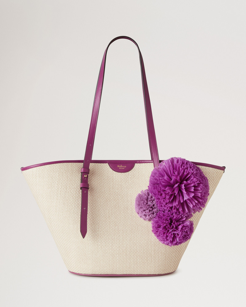 Basket Tote Orchid Bloom Raffia & Pom Poms 1