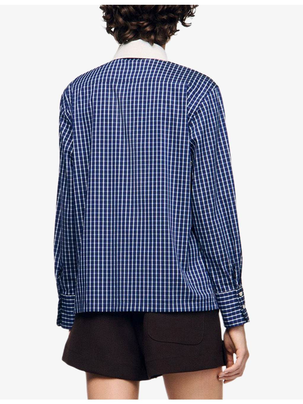 Tie-Neck Long-Sleeve Checked Stretch Cotton-Blend Shirt - 4