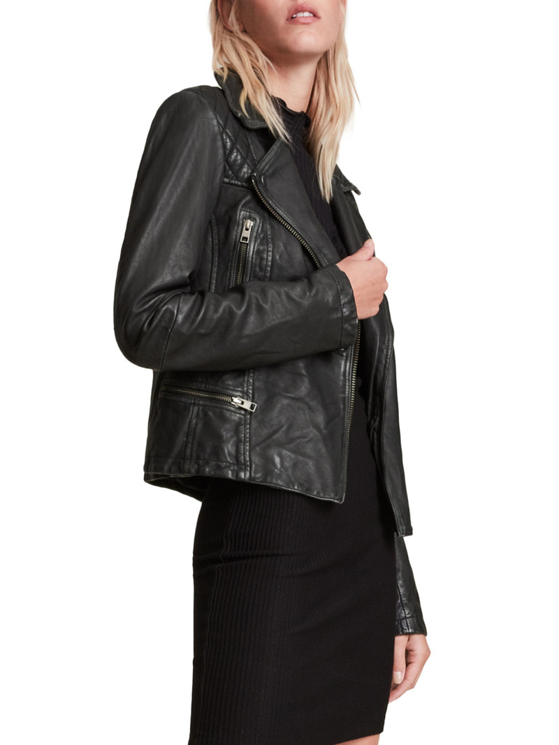 Women's Cargo Leather Biker Jacket - Black Grey 8
