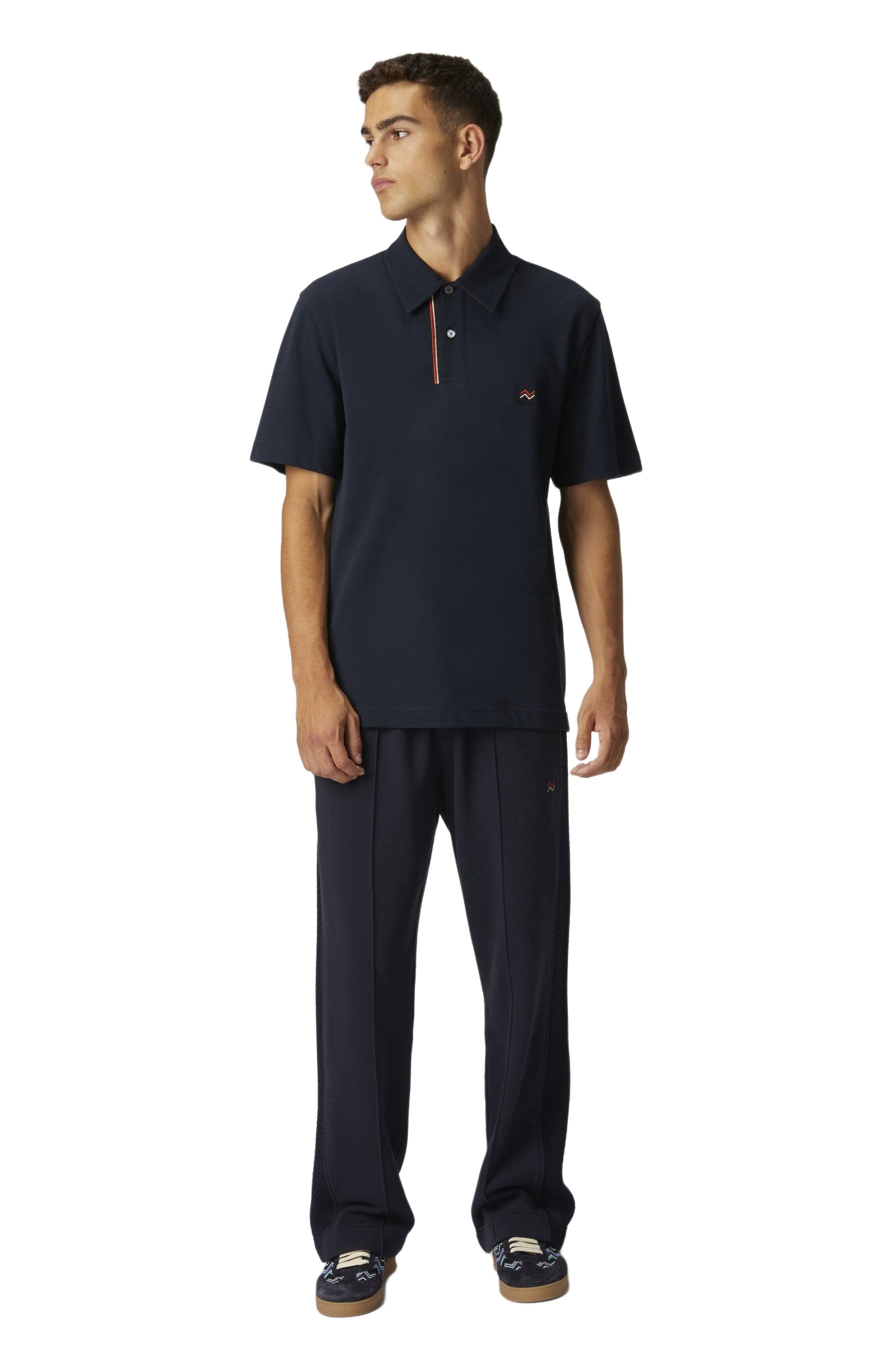 Missoni Solid Color Cotton Piqué Polo Shirt With Zigzag Embroidery And Contrasting Detail in Blue at - 5