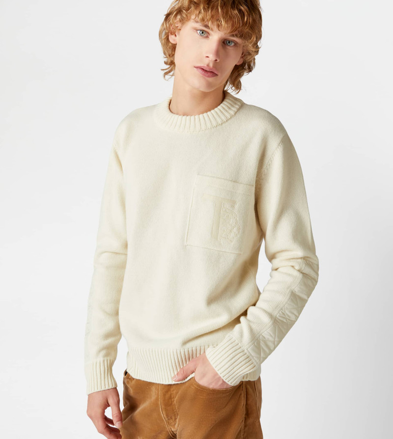 Tod's TOD'S ROUND NECK JUMPER WITH QUILTED PATCHES - WHITE outlook