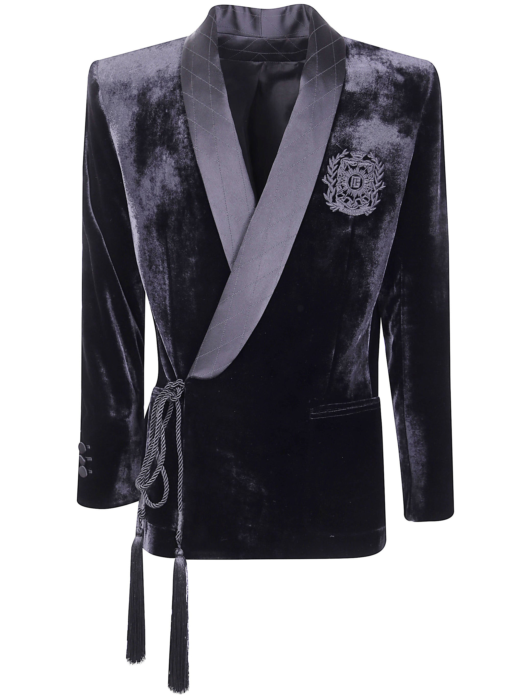 Balmain Men Velvet & Satin Side Belted Jacket With Tassel - 6