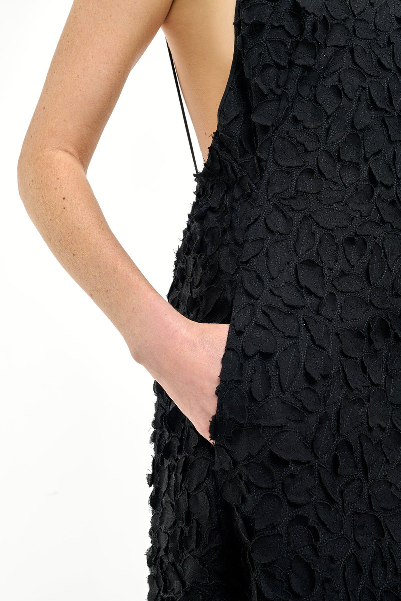 Nexus Embroidered Leaves Maxi Dress in Black Linen 7
