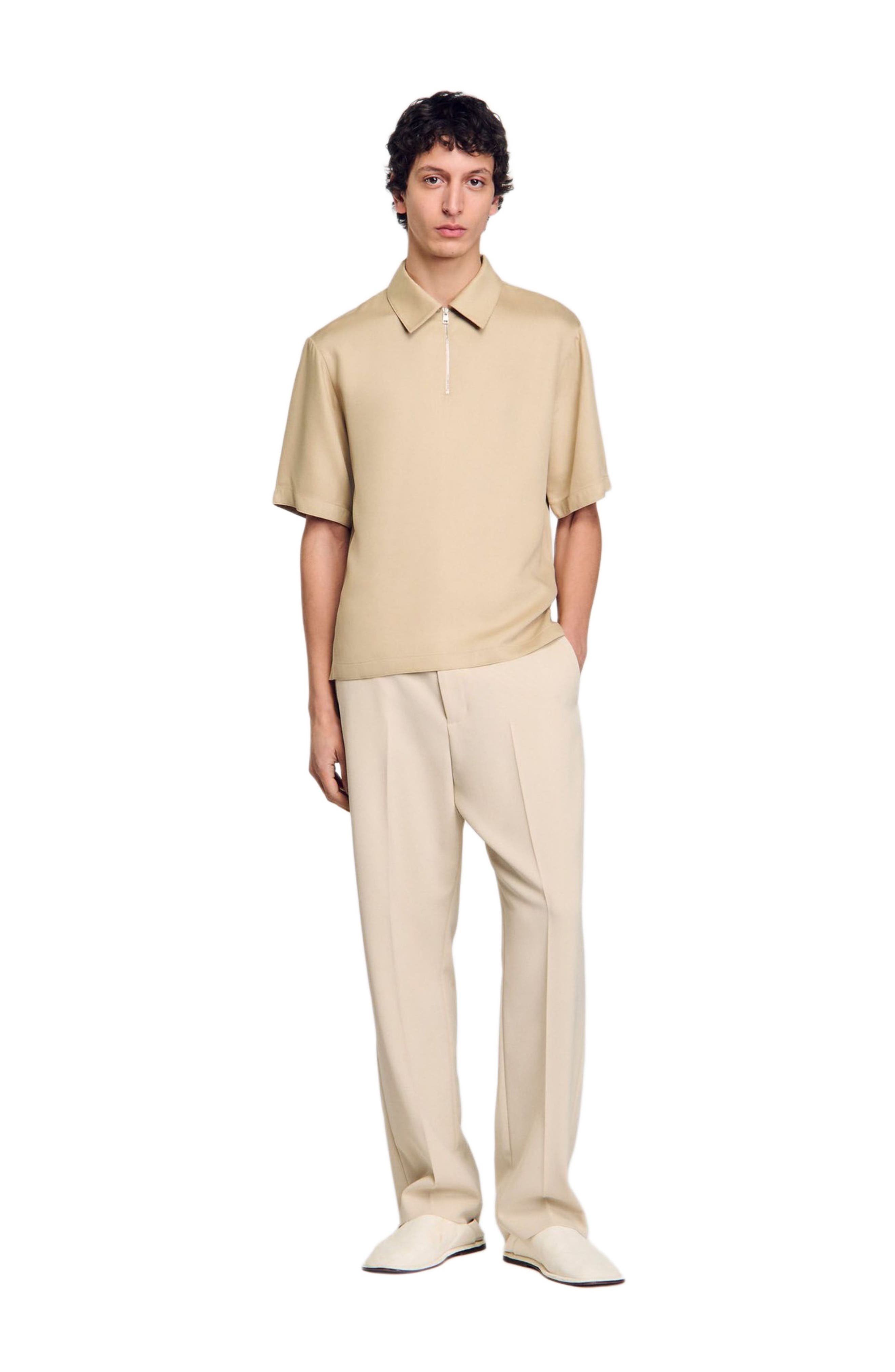 SANDRO Zip-neck polo shirt in Sand. at Nordstrom - 6