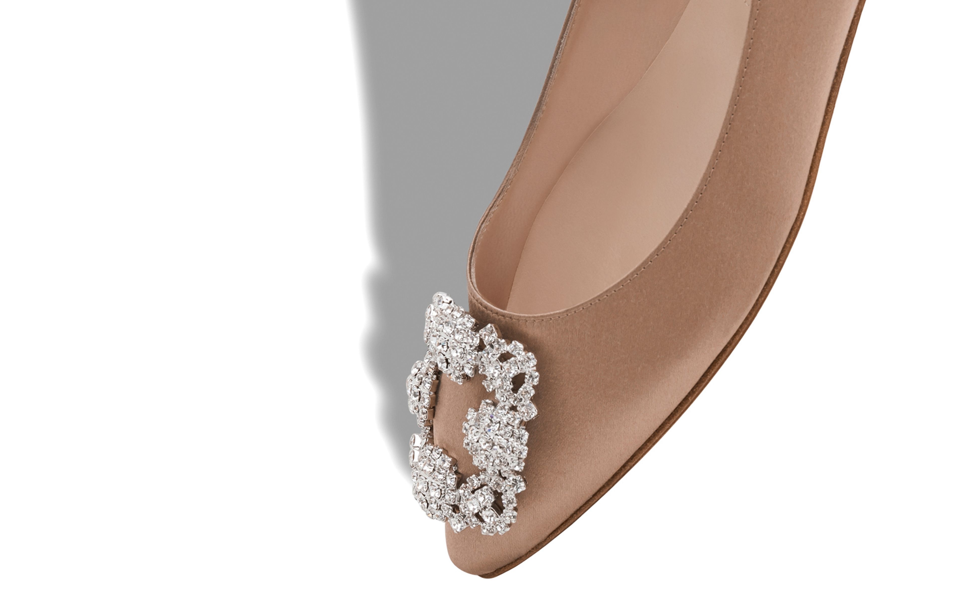 Beige Satin Jewel Buckle Flat Shoes - 4