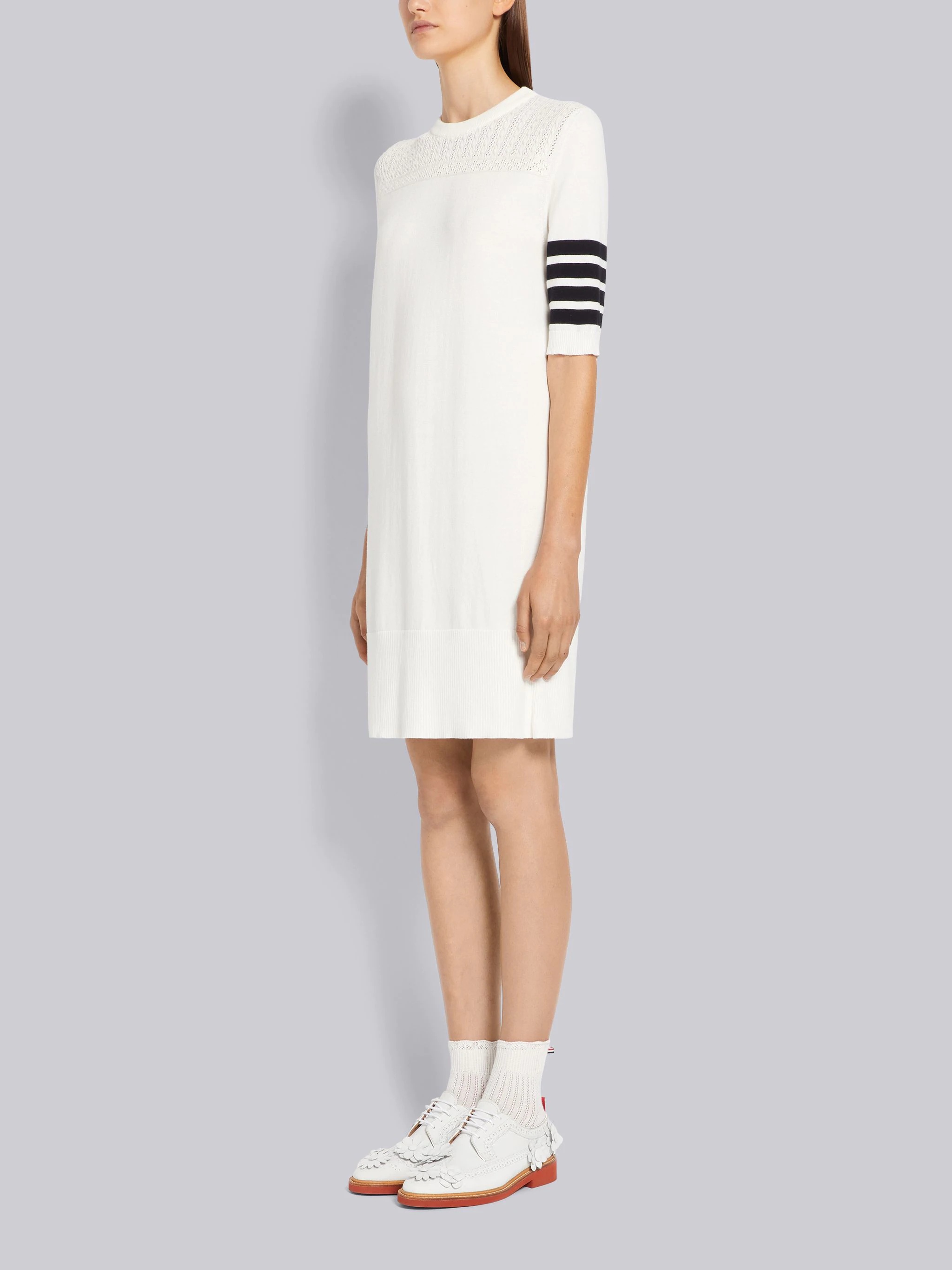 White Cotton Hector Medallion 4-Bar Short Sleeve Mini Dress - 2