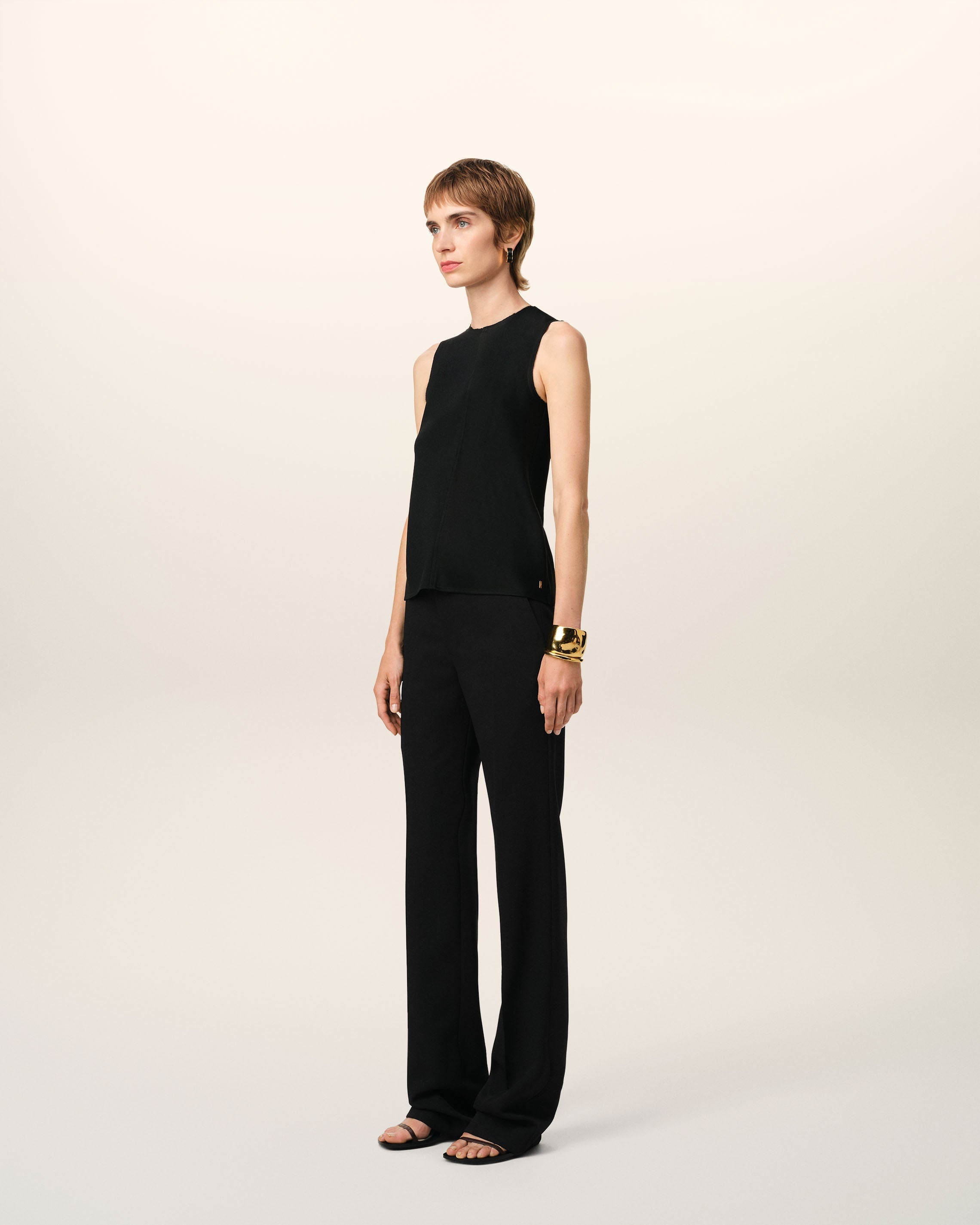 BLACK WOOL CONTRASTED STRAIGHT TROUSERS - 6
