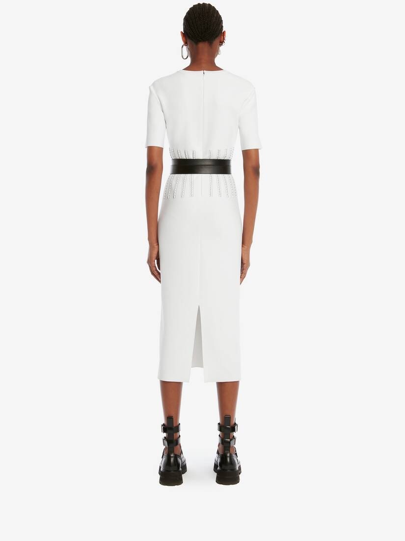 Engineered Jacquard Knit Pencil Dress in Optic White/black - 4