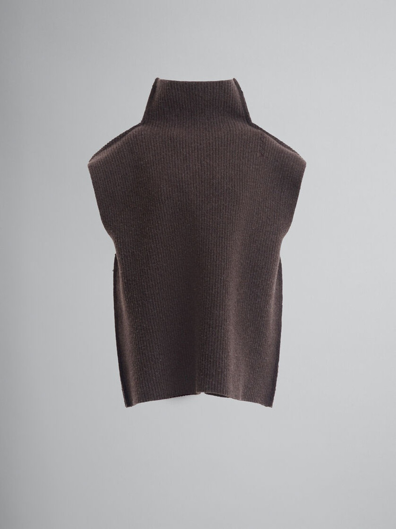 RIBBED BROWN WOOL VEST - 1