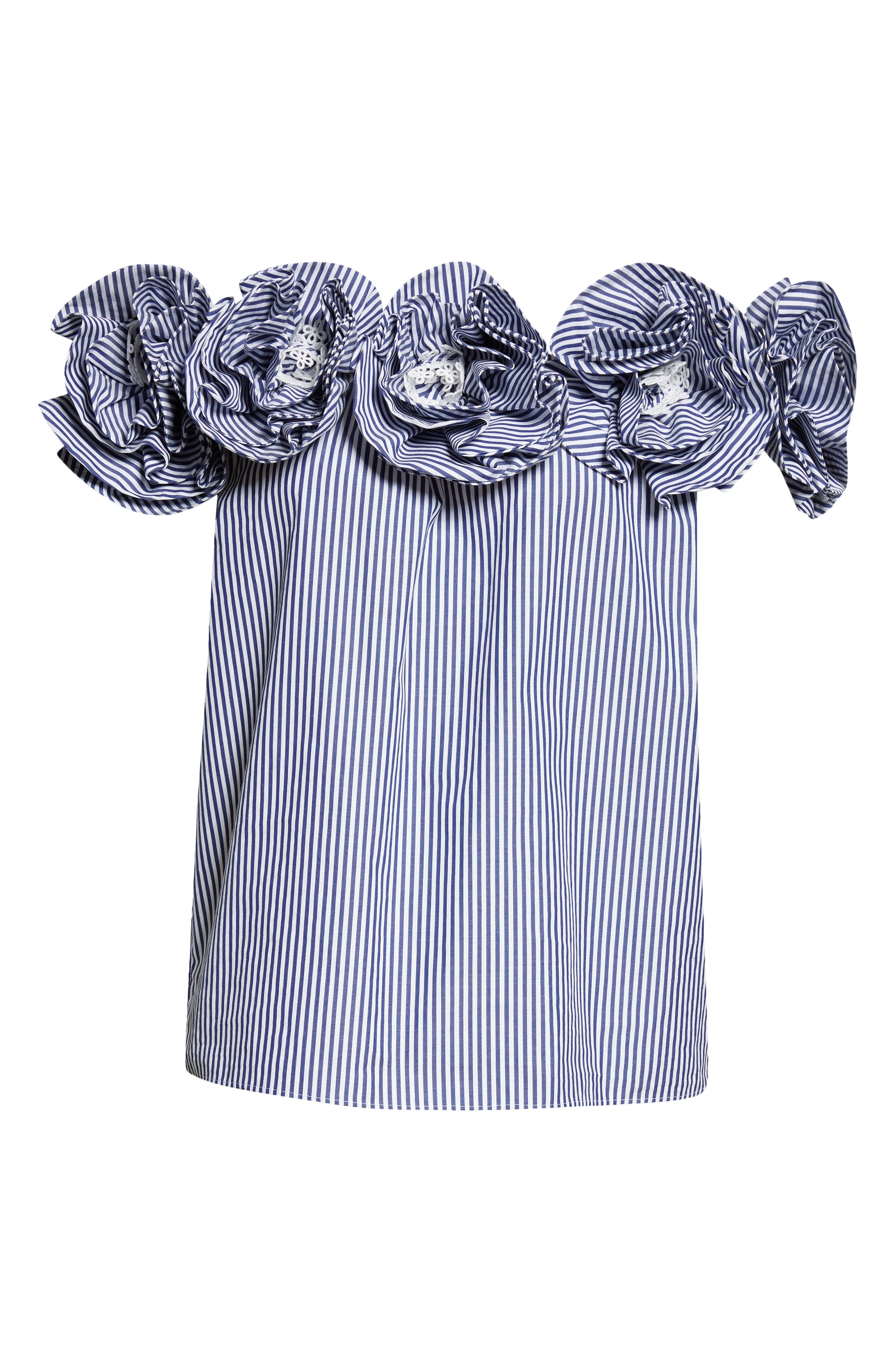 Carolina Herrera Embroidered Flower Off the Shoulder Top in White/Blue at Nordstrom - 6