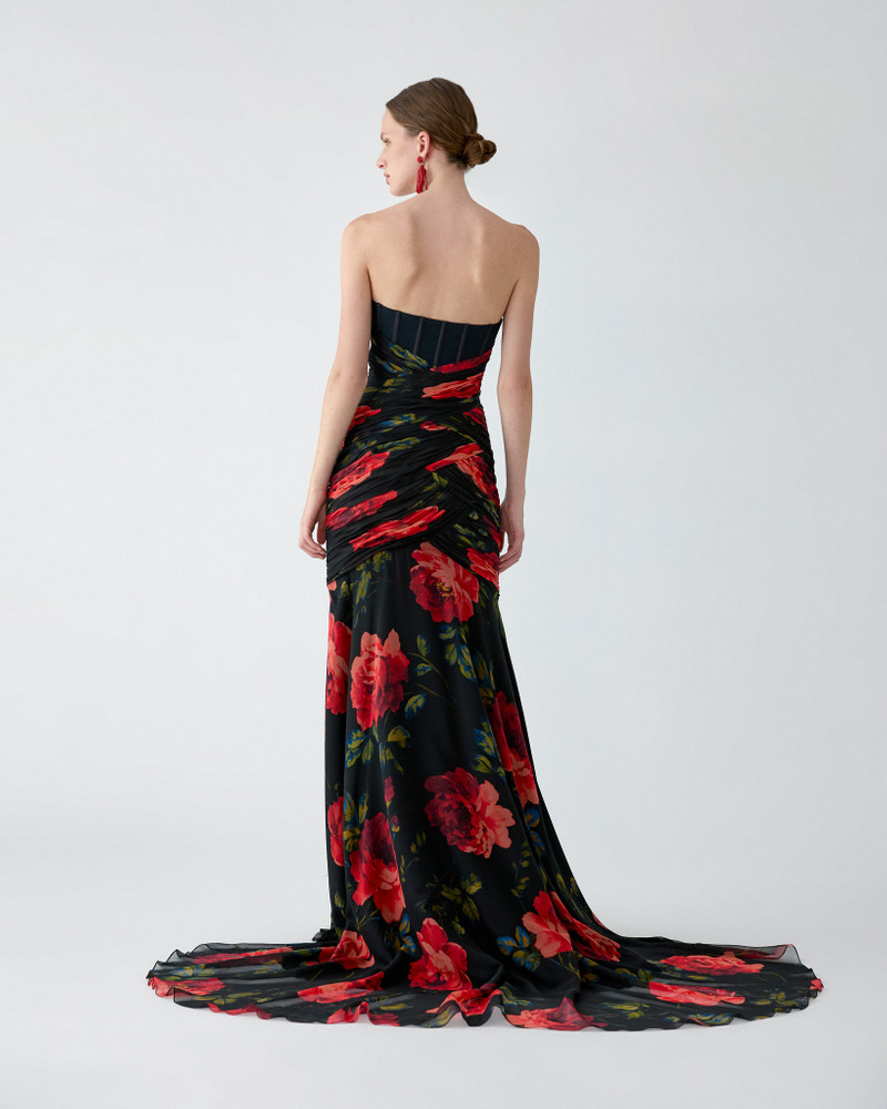 Rose-Print Chiffon Bustier Gown 3