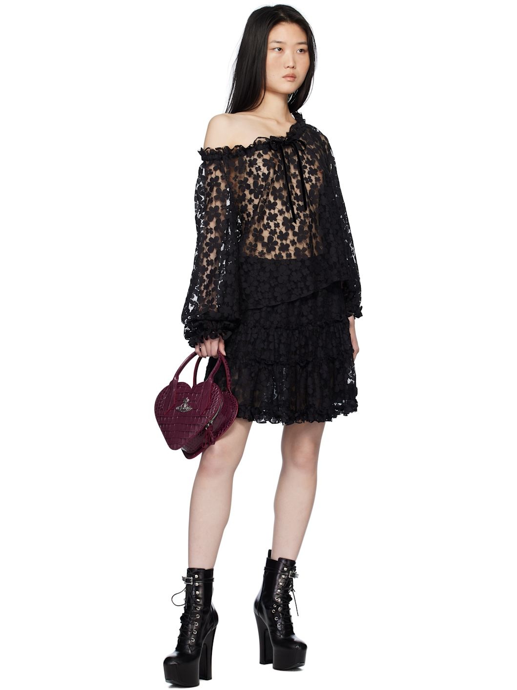 Black Shadow Blossom Elastic Lace Blouse - 4