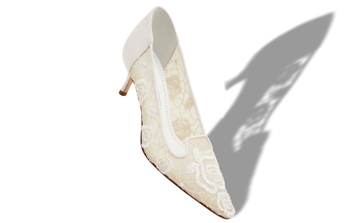 White Mesh Floral Detail Pumps - 2