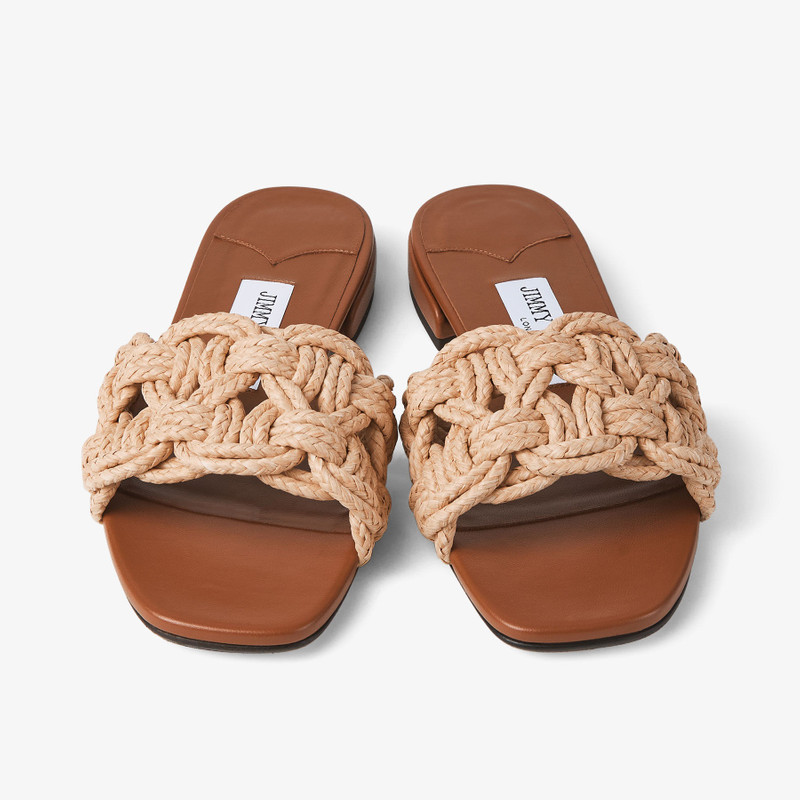 Chara Flat Tan Leather and Crochet Raffia Slide 5