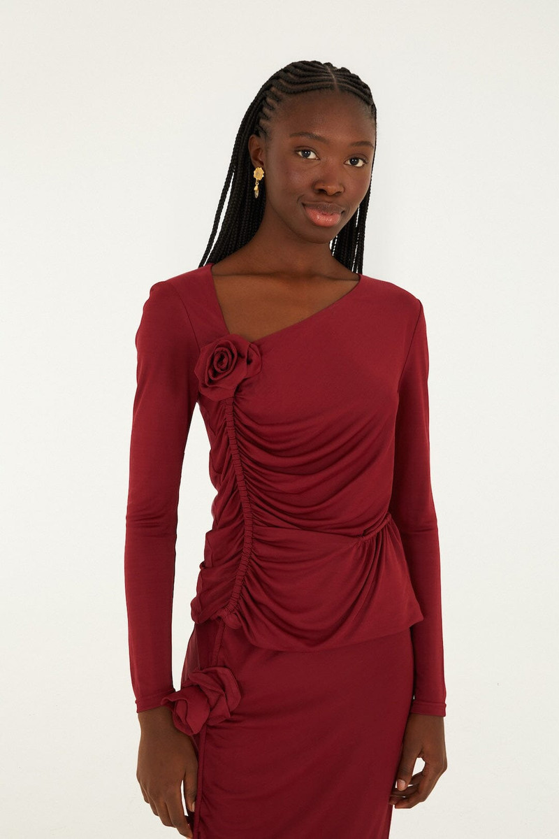 Burgundy 3D Flower Draped Long Sleeve Blouse 1