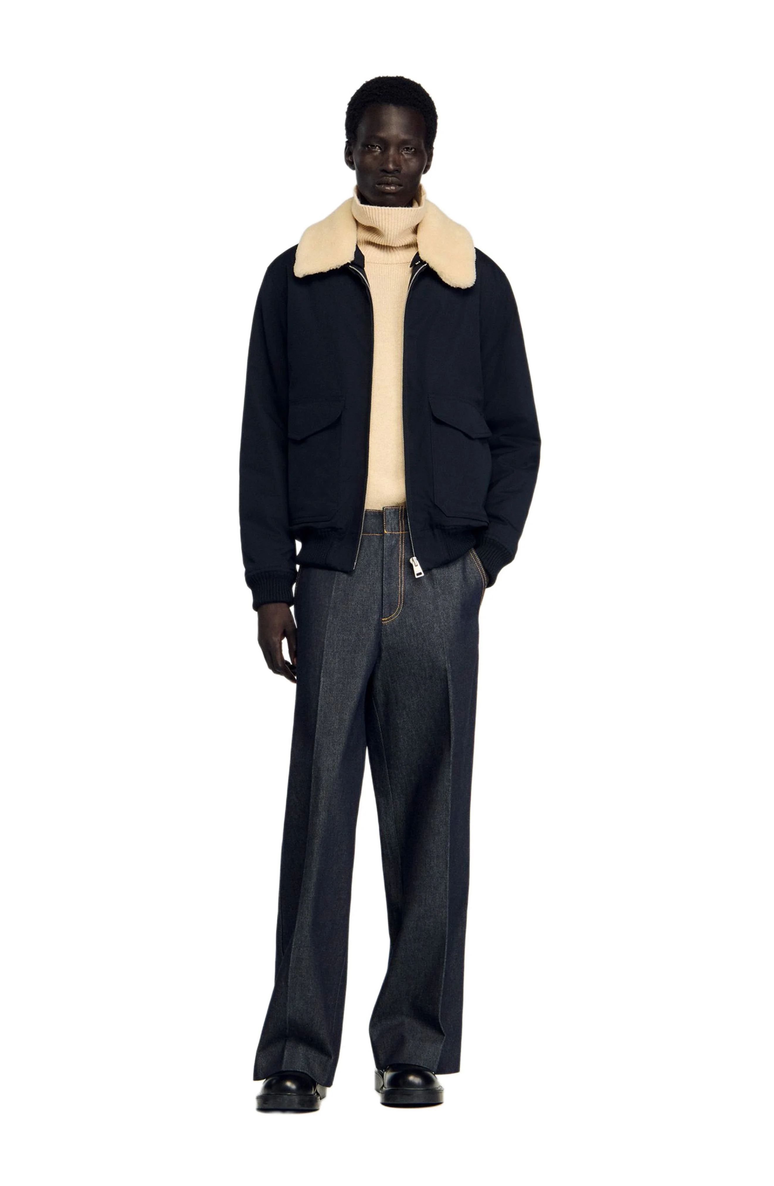 SANDRO Shearling collar aviator jacket in Navy Blue at Nordstrom - 1