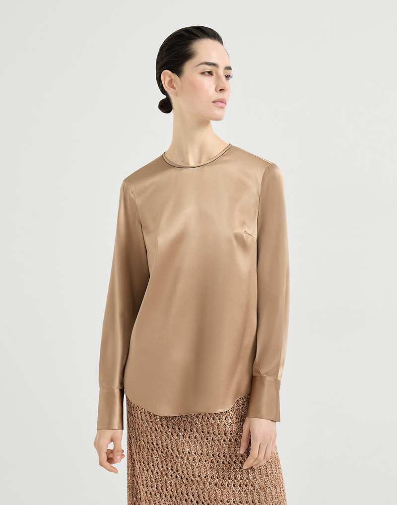 Stretch silk satin t-shirt with monili 2