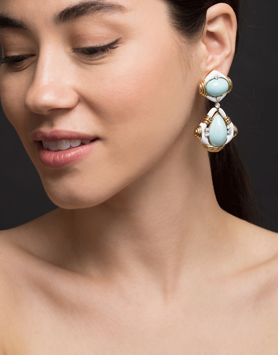 Turquoise and White Enamel Drop Earrings - 2