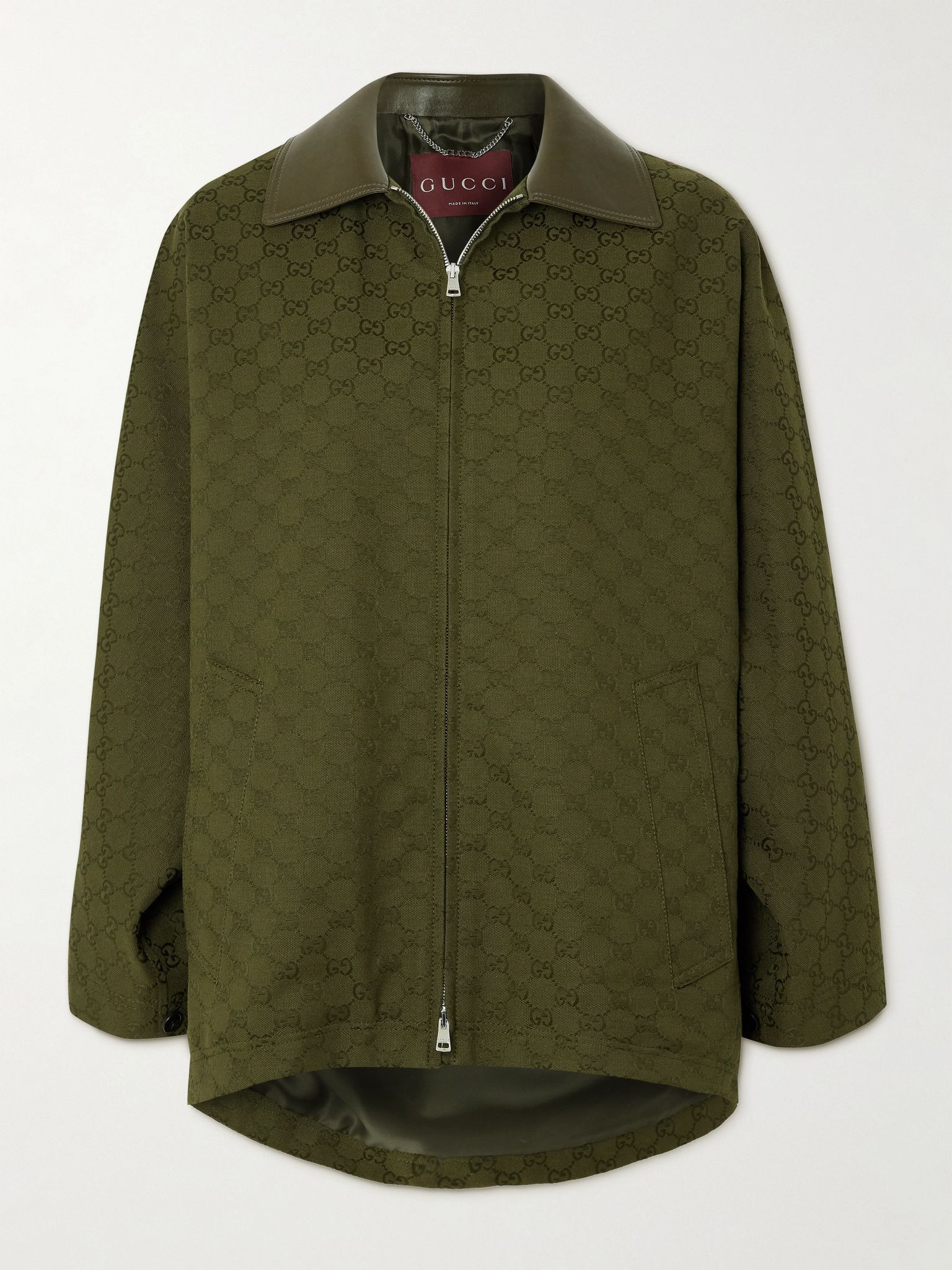 Leather-trimmed cotton-blend canvas-jacquard jacket Army green - 1