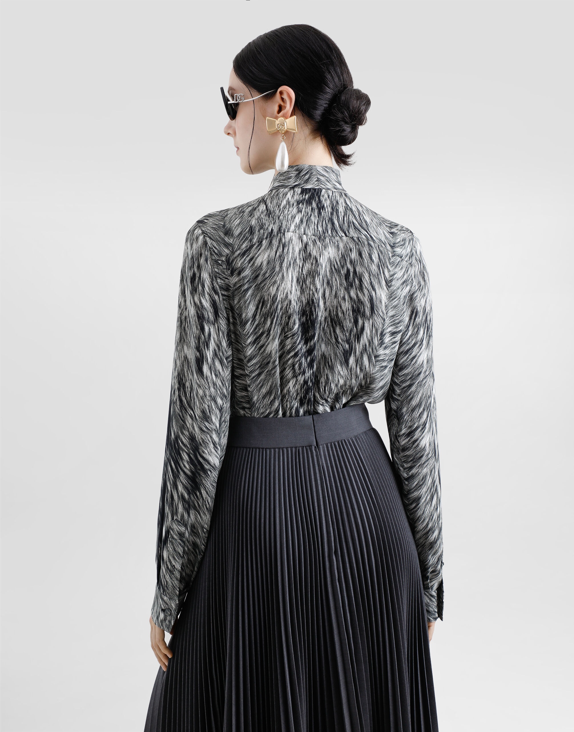 Fur-print charmeuse shirt with pussy-bow - 6