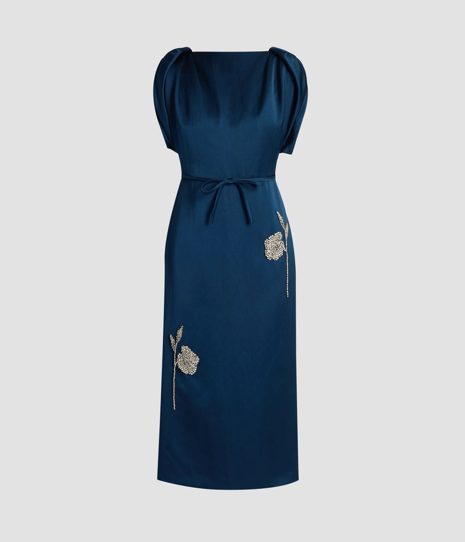EMBROIDERED SATIN SHORT SLEEVE MIDI DRESS - 1
