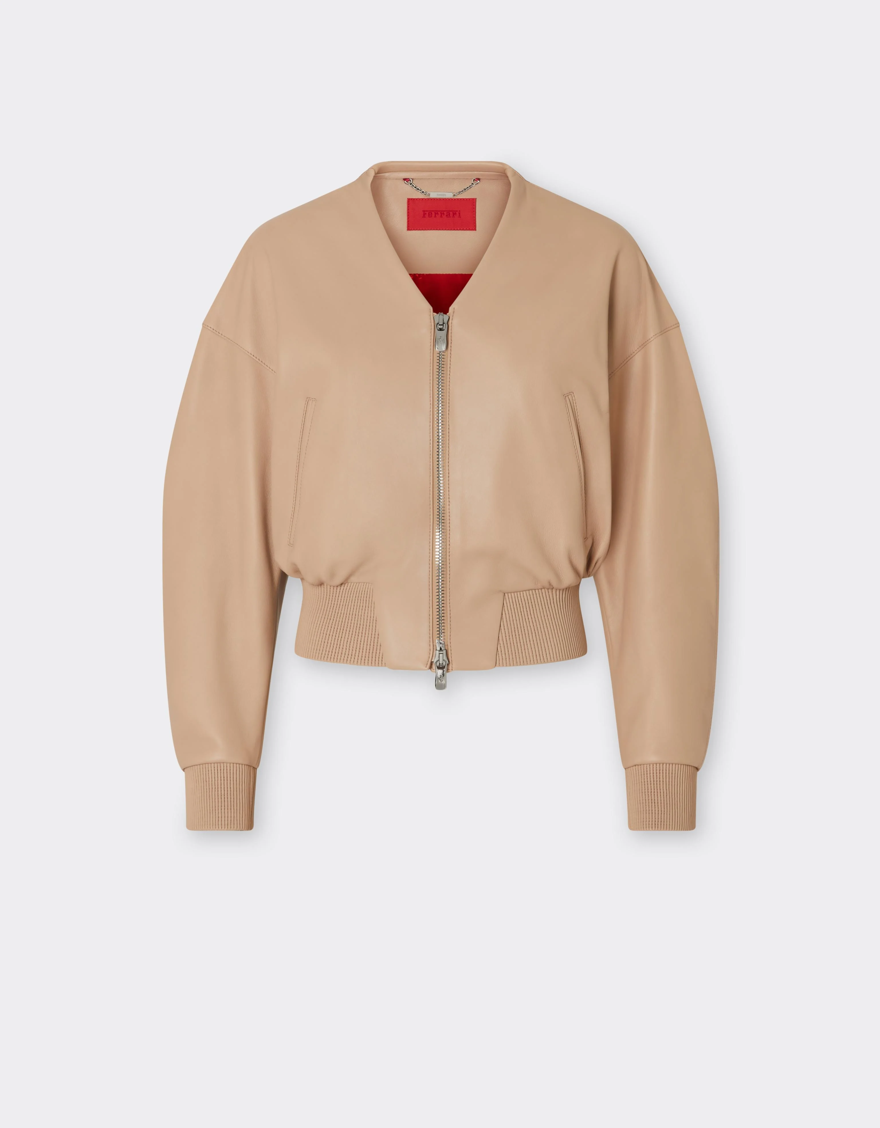 Short leather bomber jacket with V-neck - 1