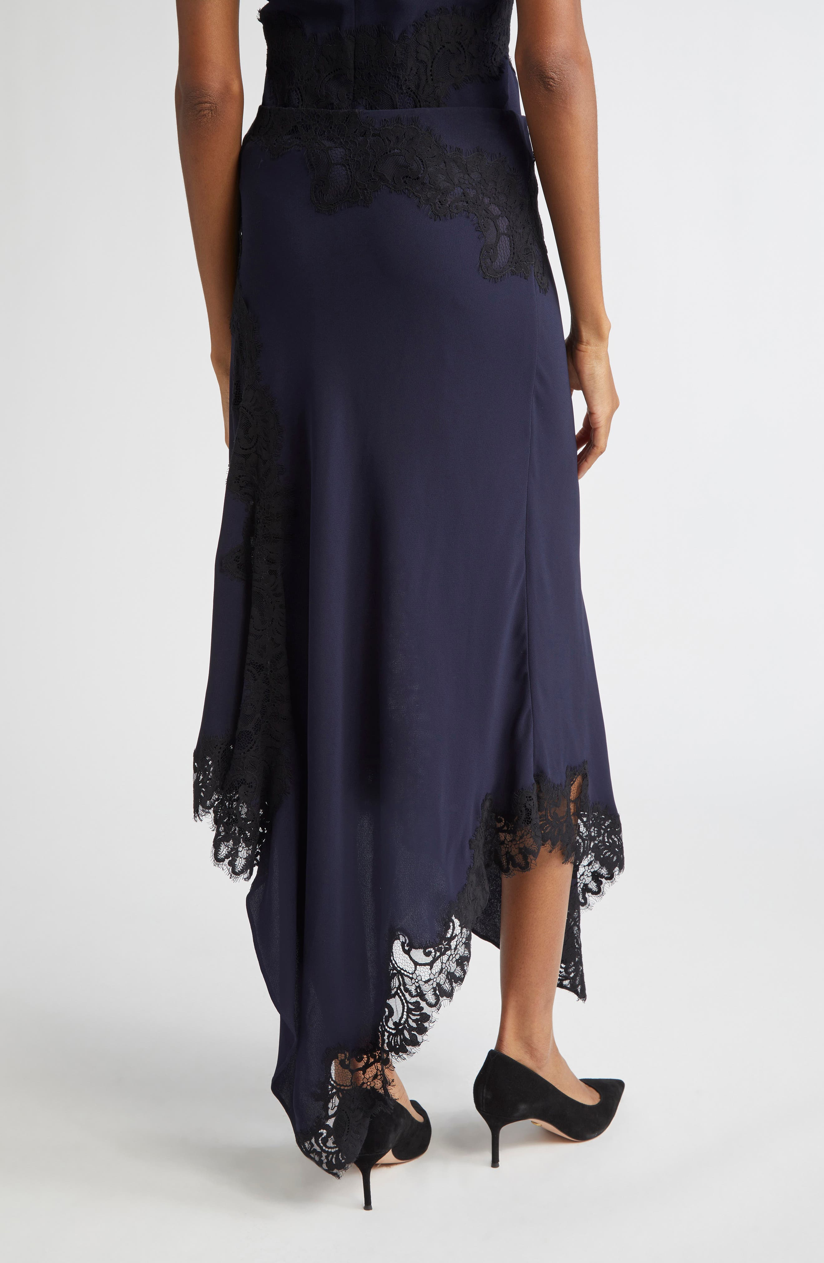 Veronica Beard Hartley Lace Detail Asymmetric Slip Skirt in Navy at Nordstrom - 3