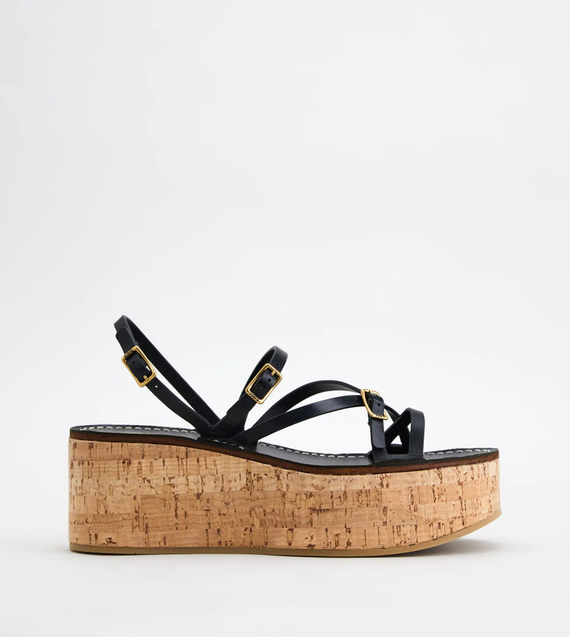 LEATHER WEDGE SANDALS - BLACK - 1