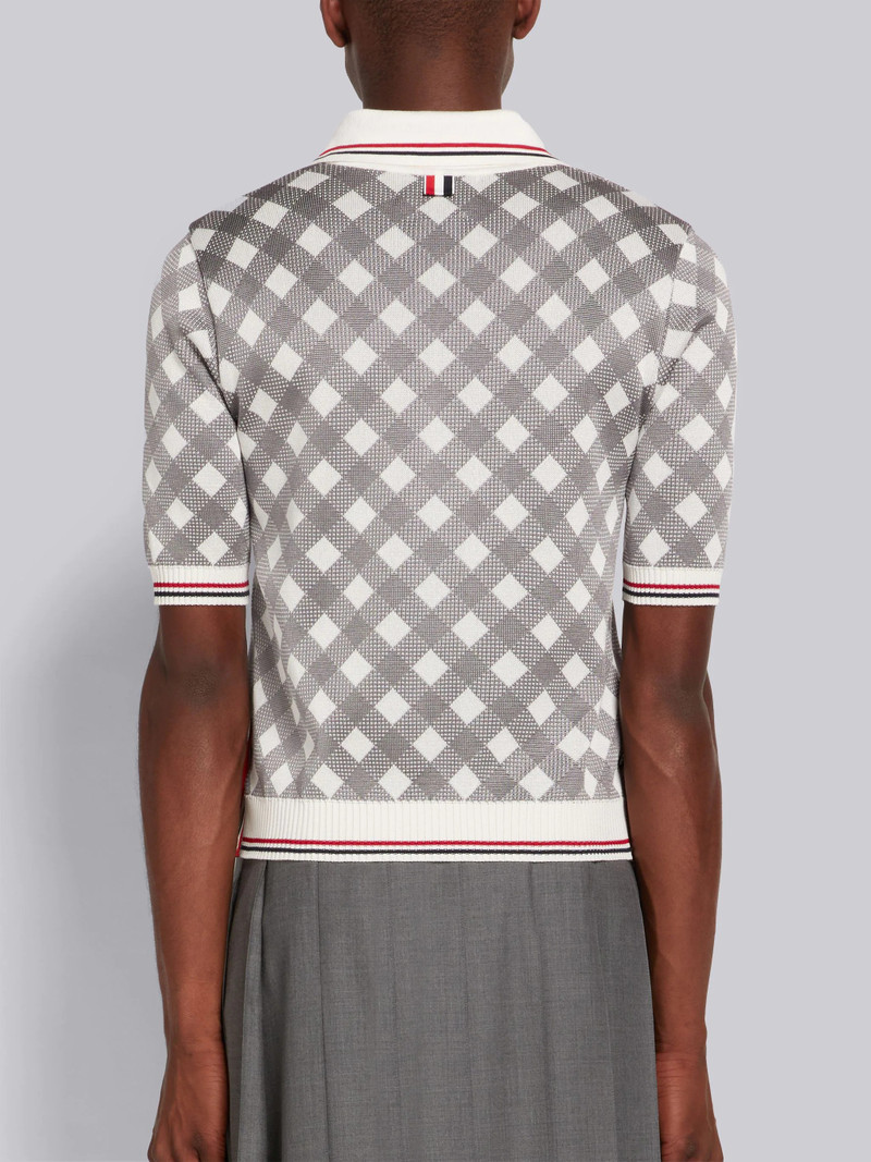 Light Grey Gingham Jacquard Cotton Silk Stripe Tipping Polo 3
