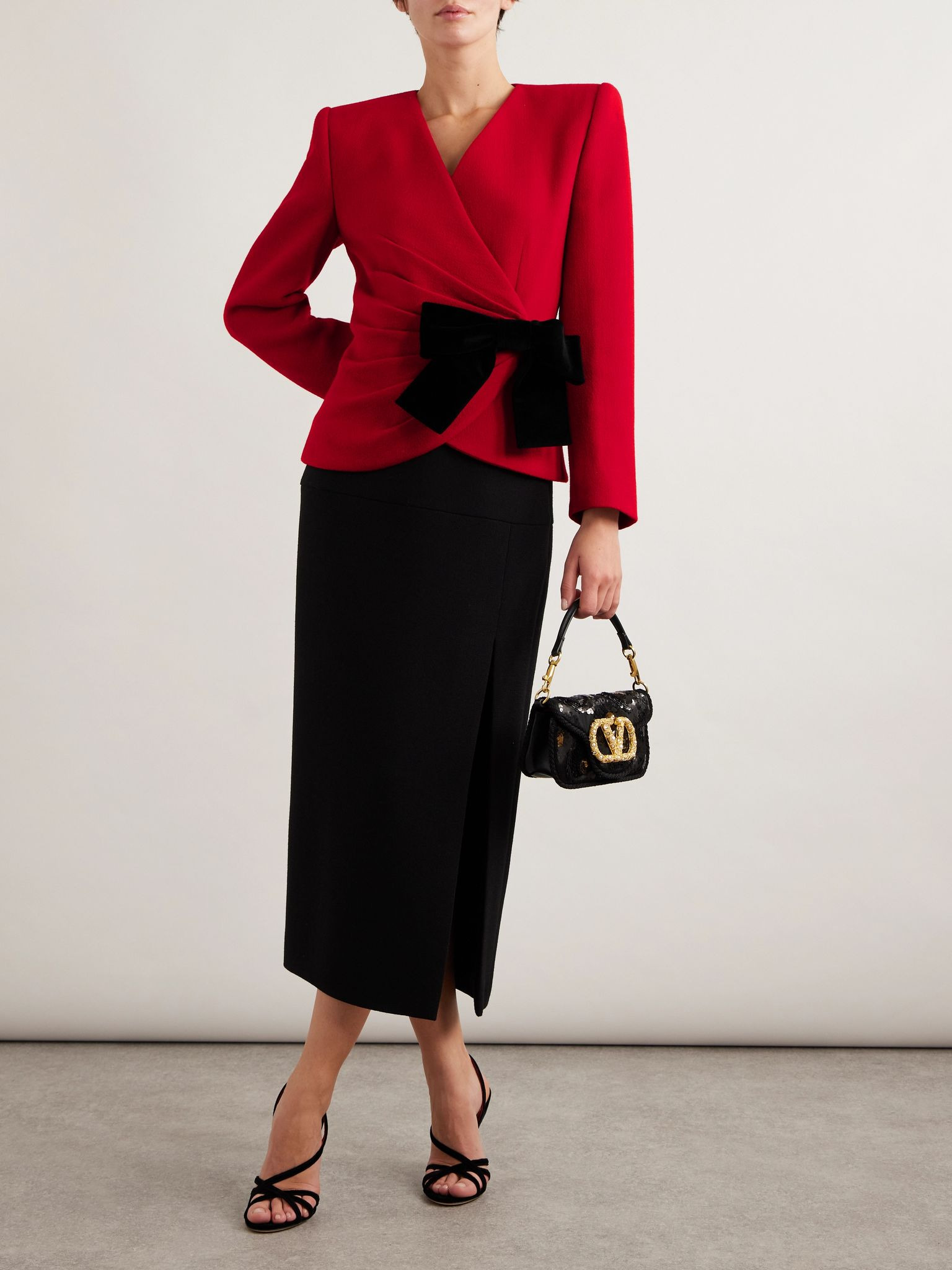 Bow-detailed ruched wool-crepe wrap jacket Red - 2