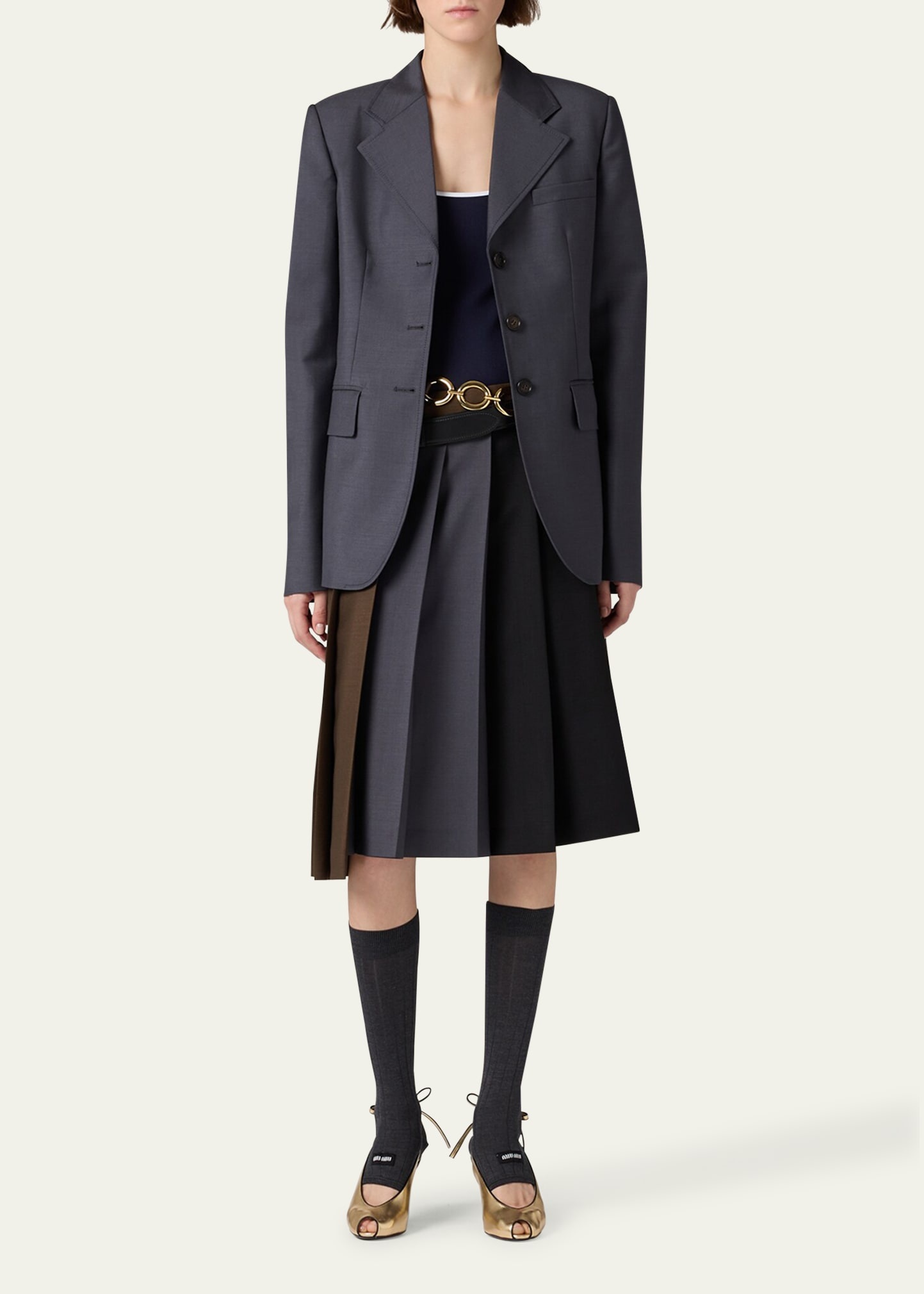 Knee Length Pleated Skirt Layer With Buckle - 2