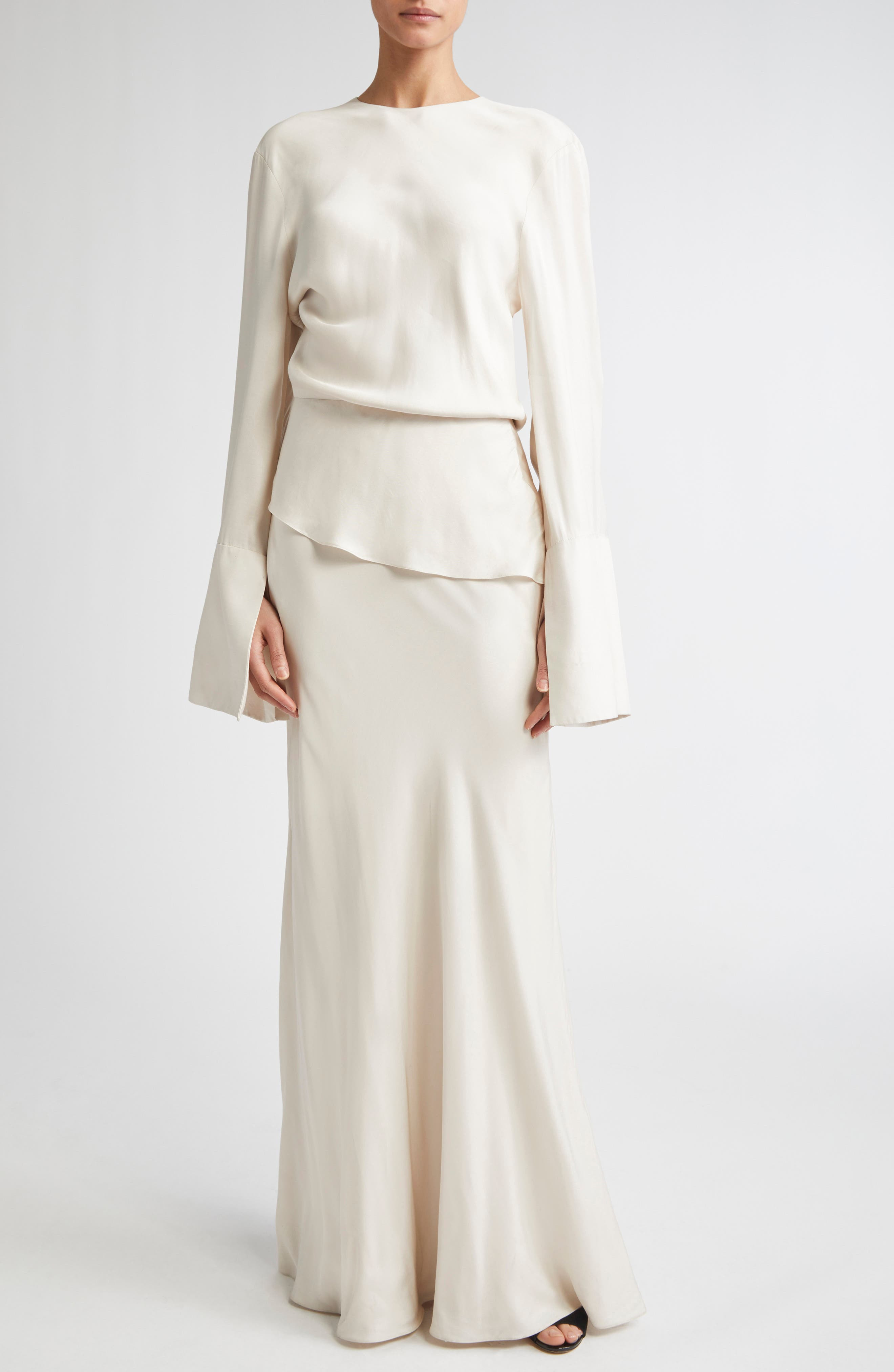 Brandon Maxwell The Violet Long Sleeve Twill Gown in Pearl at Nordstrom - 1