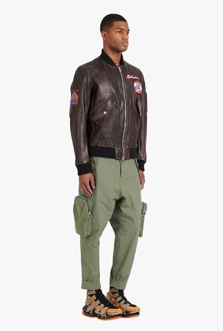 Brown leather teddy jacket with Balmain badges - 7