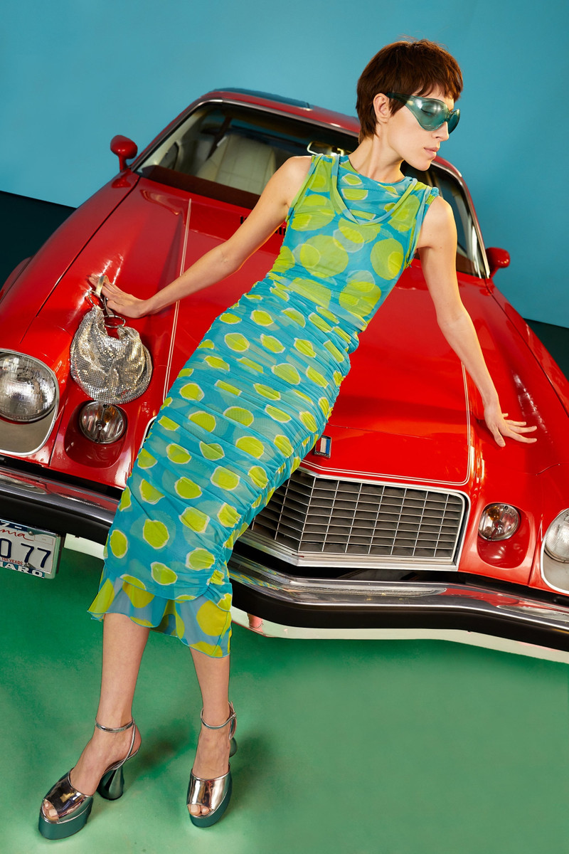 Mesh Cielo Dress In Suburban Blue Valley Green Dot Print 3