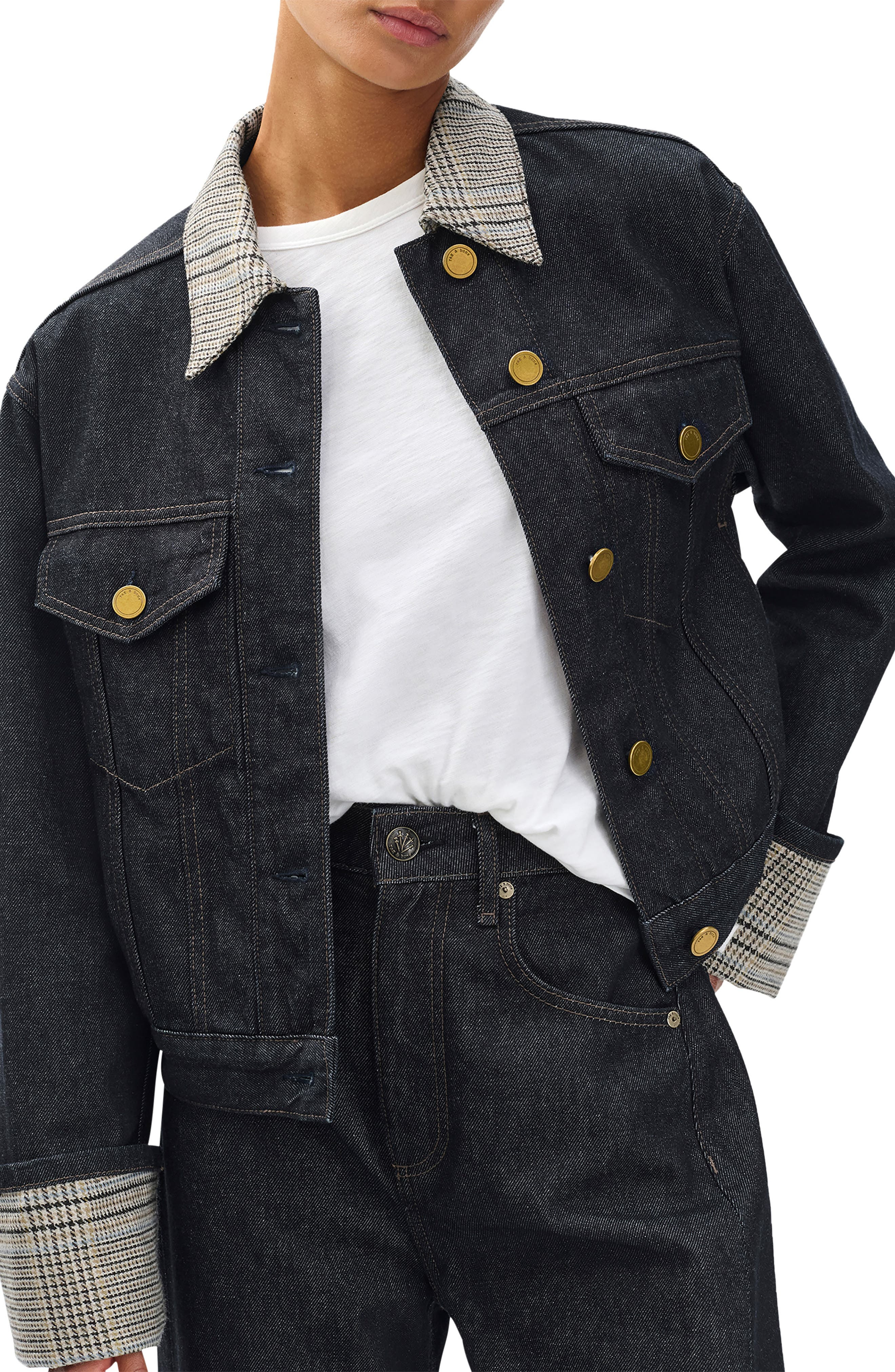rag & bone Harriet Contrast Print Denim Trucker Jacket in Dark Blue at Nordstrom - 4