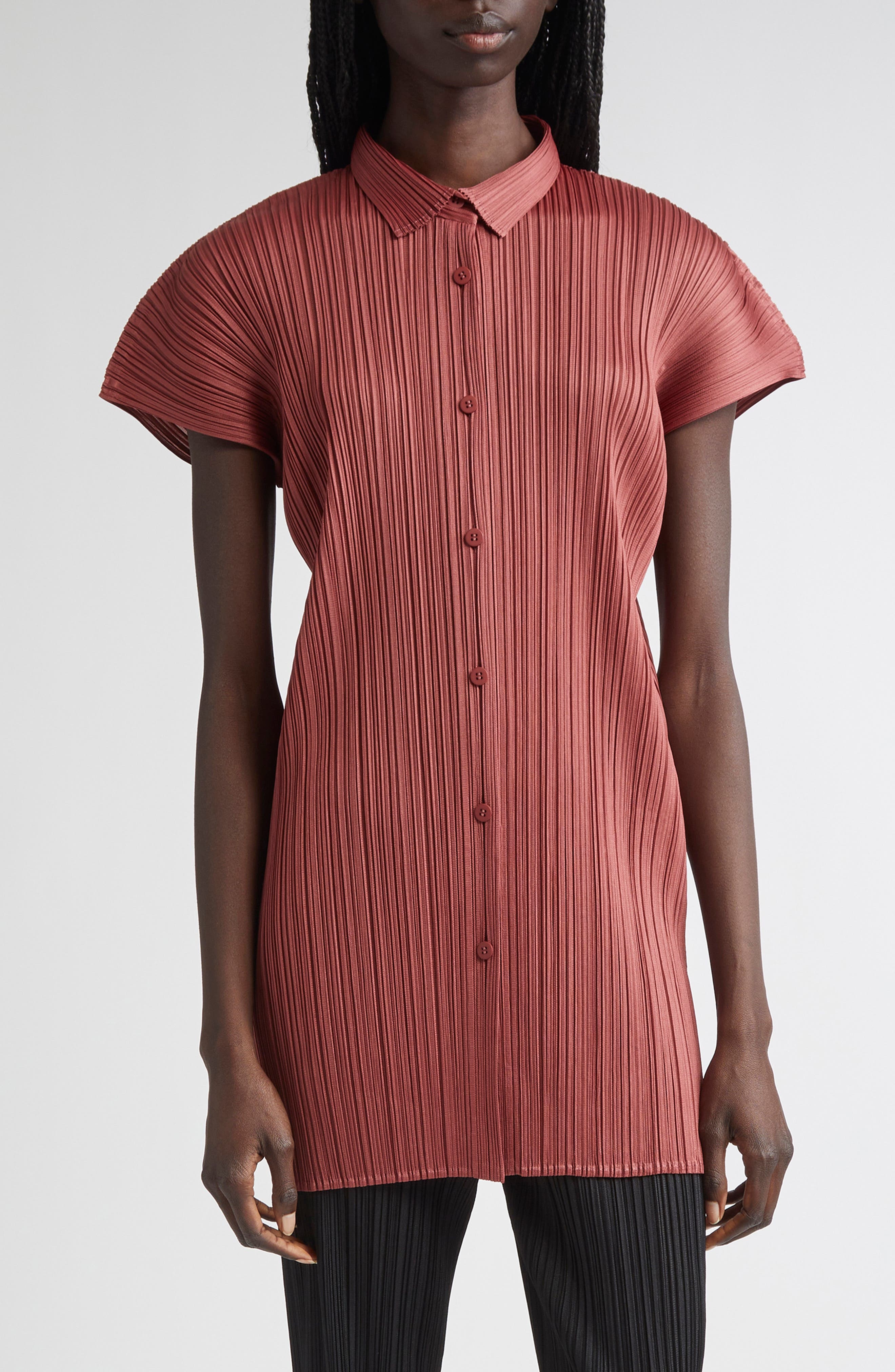 Pleats Please Issey Miyake Monthly Colors May Pleated Short Sleeve Shirtdress in Terracotta at Nords - 1