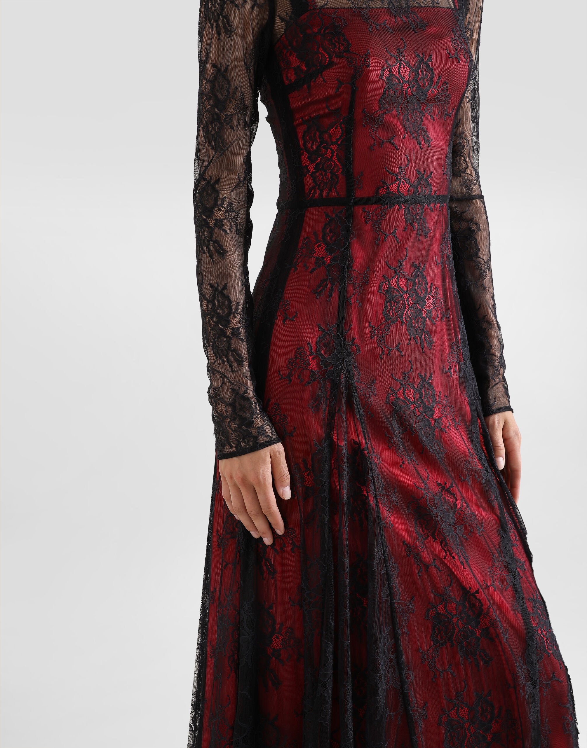 Lace calf-length dress with high neck and contrasting lining - 5