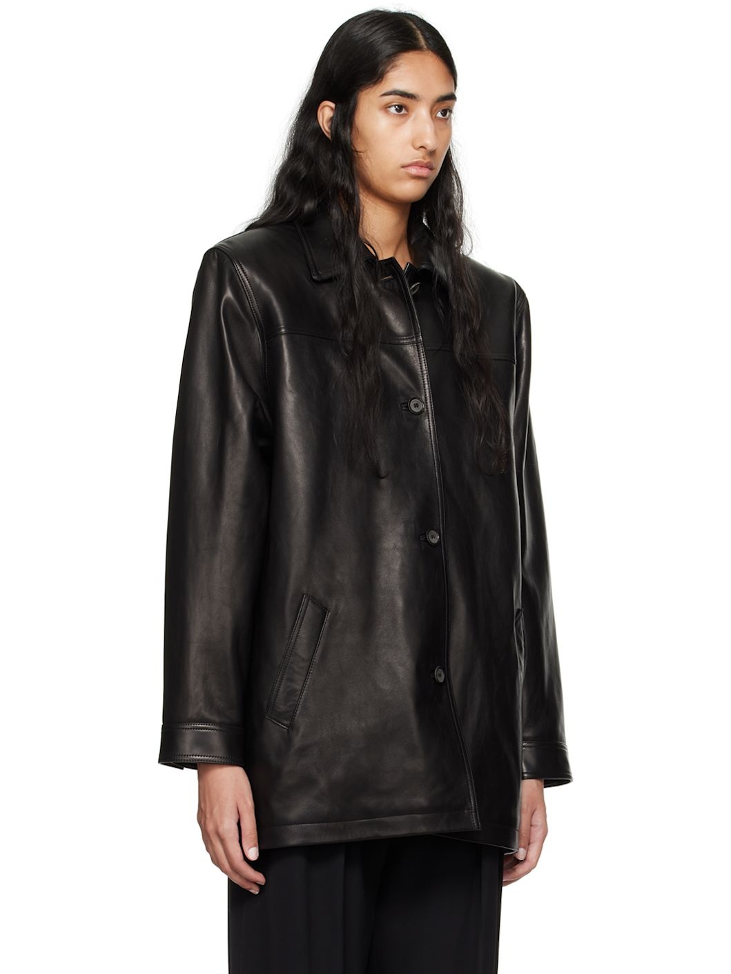 Black Oversized Button Up Leather Jacket - 2